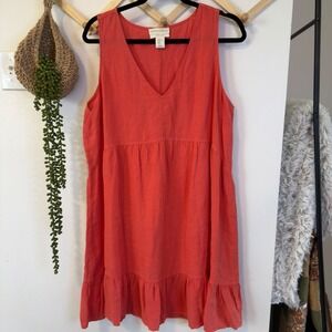 Cynthia Rowley Mini Dress 100% Linen XL Coral Tiered Babydoll V-Neck Sleeveless